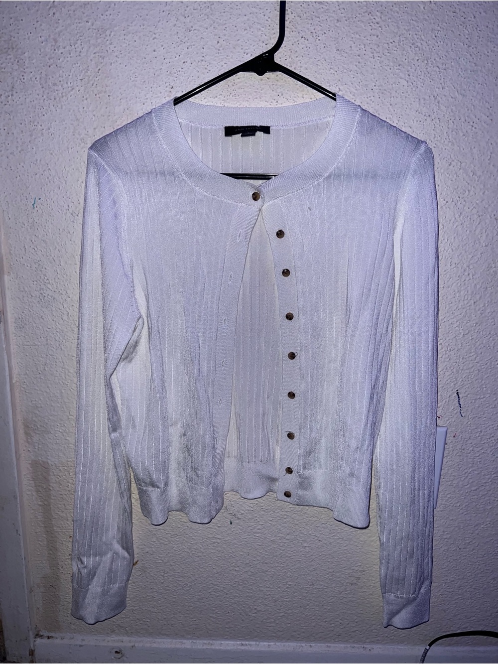 Ann Taylor White Ribbed Long-Sleeve Button Cardigan